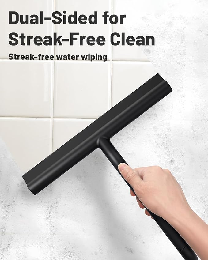 Silicone Shower Squeegee with Hook,Dual-Sided Design with Scraper & Scrub Surface, Shower Squeegee for Glass Doors (Classic Black)