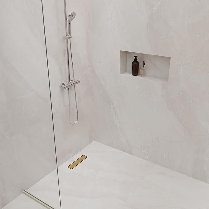 12-Inch Linear Shower Drain with Tile Insert Grate, SUS 304 Stainless Steel Linear Drain, Brushed Gold Long Rectangle Shower Floor Drain with Leveling Feet, Hair Strainer, Fits Bathroom