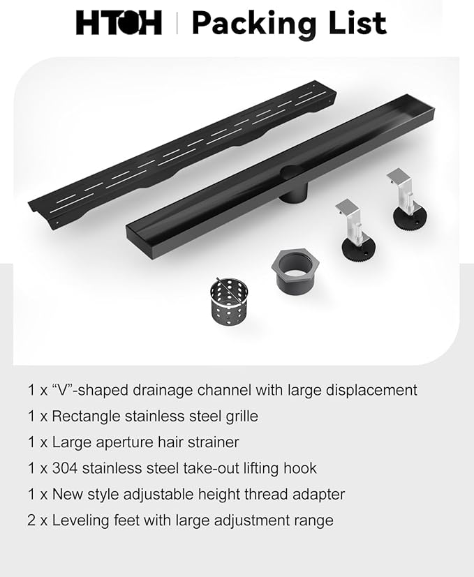 Shower Drain Stainless Steel for Bathroom: Black Linear Shower Drain 18 Inch with Removable Brick Pattern Grate - Adjustable Rectangular Shower Floor Drain with Hair Strainer (Matte Black)