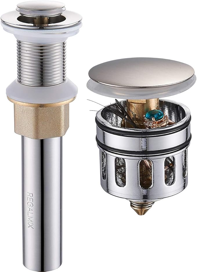 Vessel Sink Drain, Bathroom Faucet Vessel Sink Pop Up Drain Stopper Without Overflow Brushed Nickel, Built-in Anti-Clogging Strainer,Fits Standard American Drain Hole1-1/2 to 1-3/4",R085B-BN
