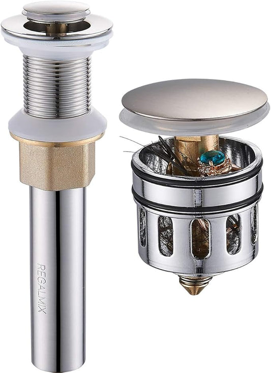 Vessel Sink Drain, Bathroom Faucet Vessel Sink Pop Up Drain Stopper Without Overflow Brushed Nickel, Built-in Anti-Clogging Strainer,Fits Standard American Drain Hole1-1/2 to 1-3/4",R085B-BN