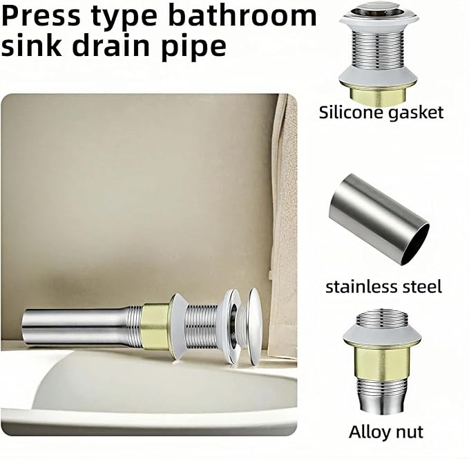 Pop-Up Sink Drain for No Overflow Basin, Stainless Steel, Hair Catcher Filter, 7.09 inch Length, Brushed Nickel (Nonporous)