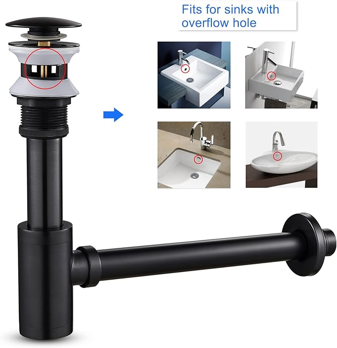 MENATT Bottle P Trap Brass Round 1 1/4 Inch Decorative P-Trap, Bathroom Basin Sink Waste Drain Kit with Overflow Drain, Wall Drainage, Oiled Rubbered Bronze