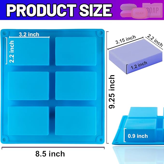 LERYKIN 2 Pack Silicone Soap Molds, 6 Cavities Rectangle Silicone Soap Molds, Great for Homemade Craft Soap Mold, Chocolate Mold, Cake Mold & Ice Cube Tray - Just Pop Out(Blue)