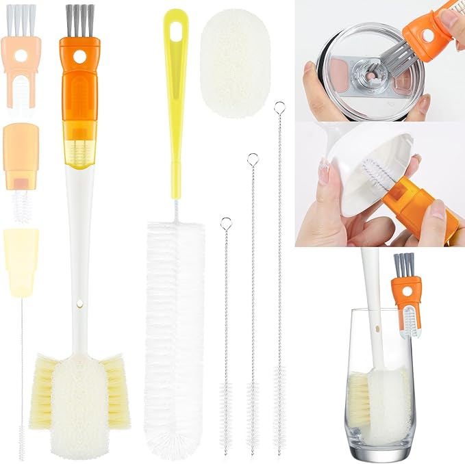 OUTXE 6 Pack Bottle Brush Set, 5-in-1 Water Bottle Cleaner Brush, 14" Long Handle Bottle Cleaning Brush, 3 Straw Brush, Removable Nipple Detail Brush for Cup Lid Gap, with Replecement Sponge
