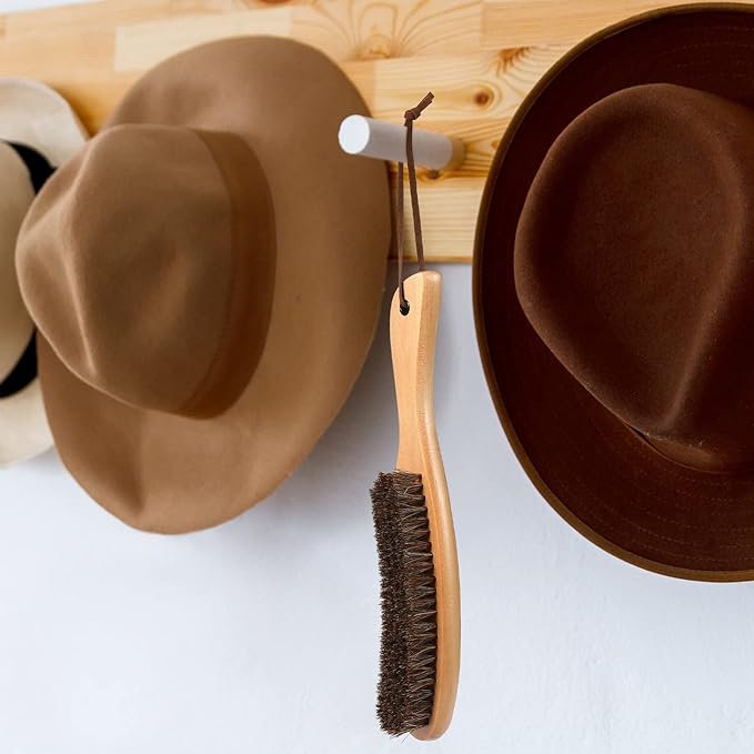 Patelai 2 Pcs Horsehair Felt Hat Brush Kit Lint Brush with Cleaning Sponge Felt Cowboy Hat Remover Kit Remove Dust Lint Brushes for Clothes Western Hats, Shoes(Wooden Color,Wood)