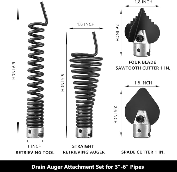 4-Pack 7/8-Inch Drain Snake Attachments for Electric Machine–Includes Saw Cutter,Spade Cutter & Augers – Fits K-1500, K-750, K-1800 & 5/8"-1" Cables–Works for 3" to 6" Pipes