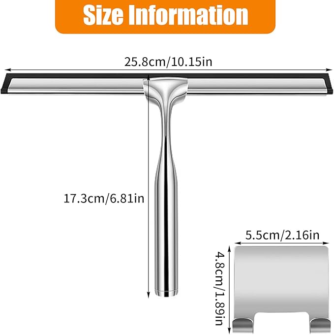 25 cm Stainless Steel Household Squeegee, Anti-Rust Handle Water Squeegee with Silicone Hook, No Drilling, Bathroom Window Scraper for Cleaning Glass Doors, Kitchen, Mirror, Tiles