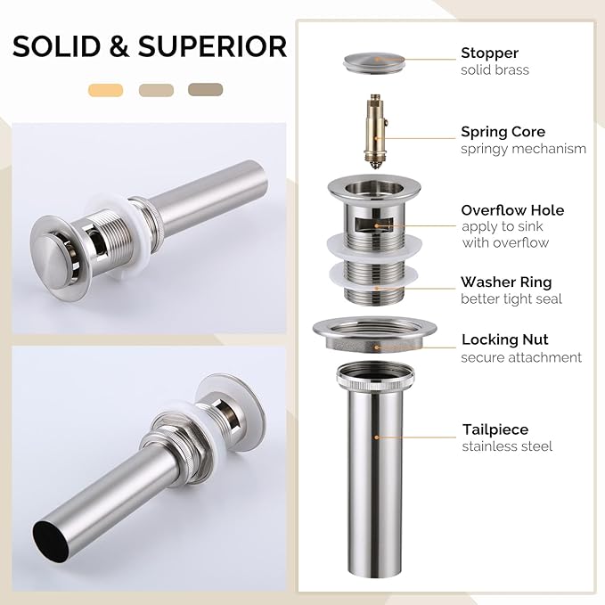 Angle Simple Bathroom Sink Drain with Overflow, Brass Pop Up Sink Drain Stopper Brushed Nickel