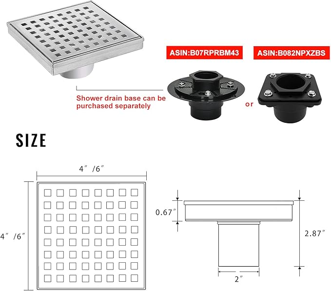 SaniteModar Shower Drain 4 inch with Removable Square Hole Panel, 304 Stainless Steel Brushed Shower Drain Equipped Hair Filter and Threaded Joint with Rubber Ring