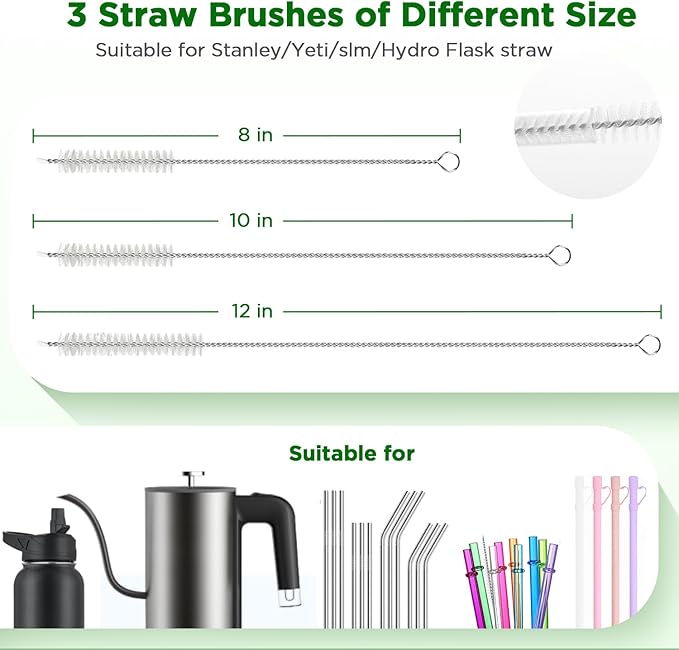 OUTXE 6 Pack Bottle Brush Set, 5-in-1 Water Bottle Cleaner Brush, 14" Long Handle Bottle Cleaning Brush, 3 Straw Brush, Removable Nipple Detail Brush for Cup Lid Gap, with Replecement Sponge