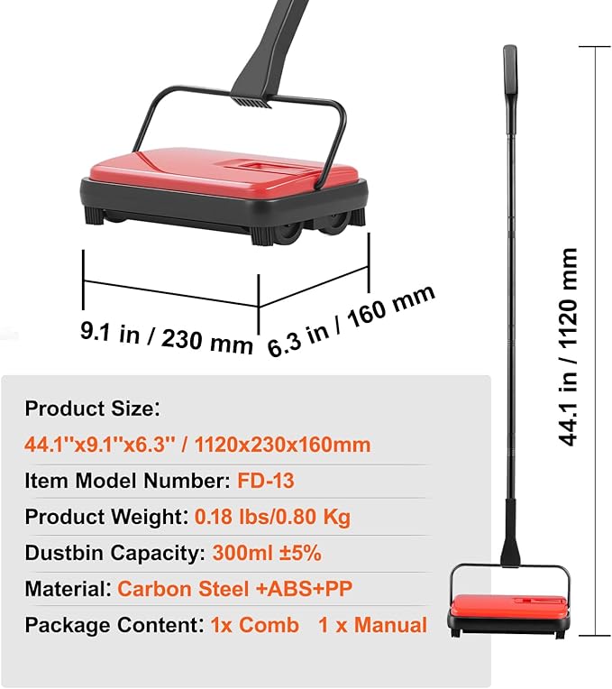 VEVOR Carpet Sweeper Manual, Floor Sweeper with 300 ml Dustbin Capacity Easy to Empty, 6.7 inch Cleaning Width for Home Office Carpets Pet Hair Dust, Red