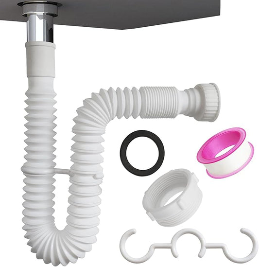 White Flexible Expandable Bathroom P Trap, 1 1/4 to 1 1/2 Sink Drain Adapter Included, Wash Basin Rubber Tips Sink Drain Pipe, Universal Extension Tube for Kitchen Bathroom Sink Sewer Drain