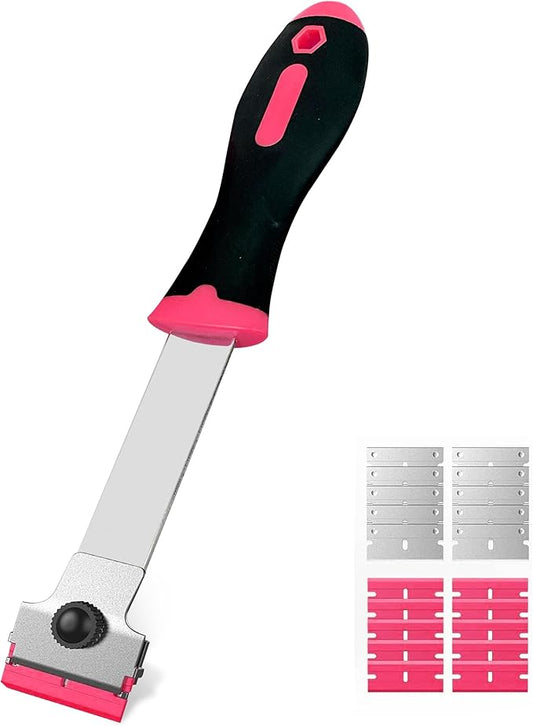 Razor Blade Scraper,Long Handle Razor Scraper with 10 Plastic and 10 Metal Blades - Perfect for Removing Labels, Stickers, Registration Stickers, and Grease from Windshields, Tint, and Glass (Pink)