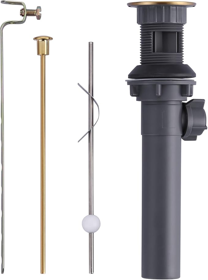 Bathroom Sink Drain with Lift Rod，WOWOW Gold Bathroom Drain Assembly Stopper with Lift Rod for Bathroom Faucet Vanity Sink Stopper Assembly with Lift Rod and Overflow Drain Stopper for Vessel Sink