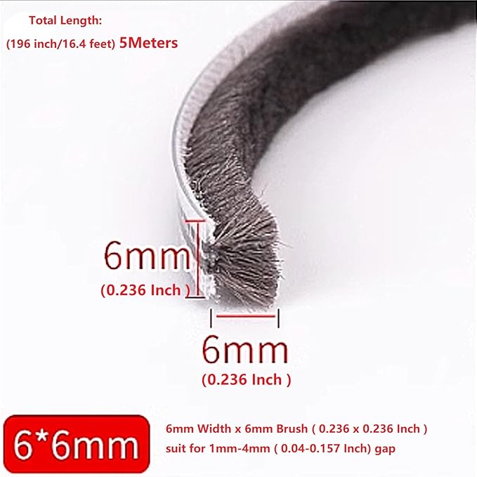 16 Ft (5m) 196 Inch Sliding sash Windows Doors Tape Pile Draught excluder Brush Seal Strip weatherstrip 6mm x 6mm (1/4 1/4 Inch, Gray)