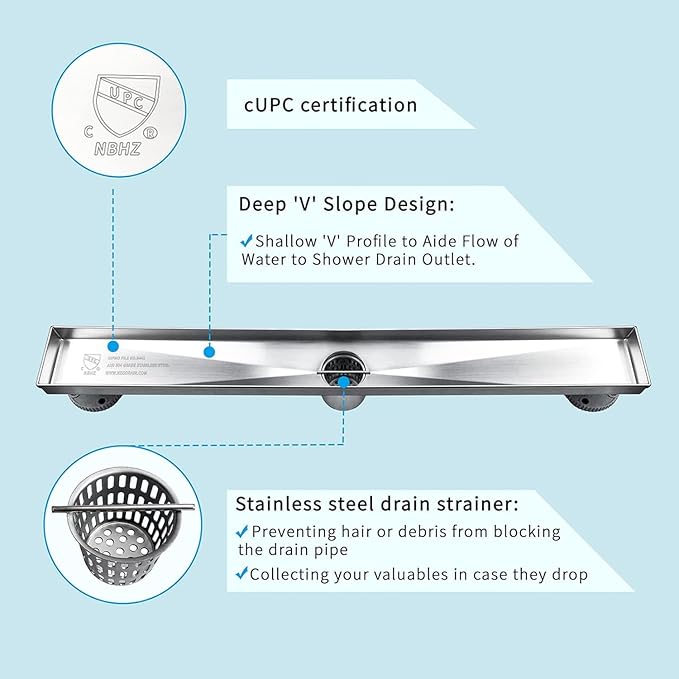 Neodrain 48-Inch Linear Shower Drain with Tile Insert Grate, Professional Brushed 304 Stainless Steel Rectangle Shower Floor Drain Manufacturer, Floor Shower Drain with Shower Drain Base