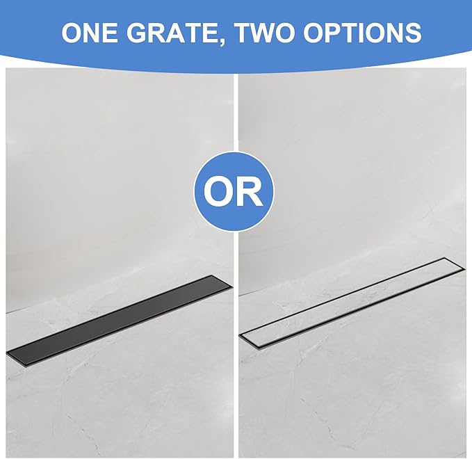 24-Inch Linear Shower Drain with Tile Insert Grate, SUS 304 Stainless Steel Linear Drain, Matte Black Long Rectangle Shower Floor Drain with Leveling Feet, Hair Strainer, Fits Bathroom