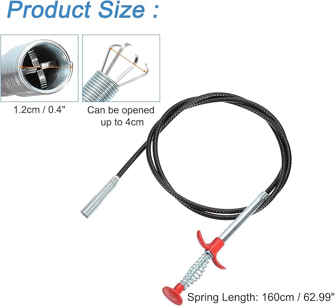 uxcell 62.99" Drain Clog Remover, Gutter Cleaning Tools Drain Cleaner, Flexible Grabber Claw Pick Up Reacher for Kitchen Bathroom Tub