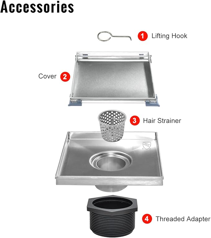 SaniteModar Shower Drain, Invisible 6 inch Square Shower Drain 2-in-1 Tile Insert Cover, 304 Stainless Steel Brushed Shower Floor Drain with Hair Catcher and Threaded Adapter