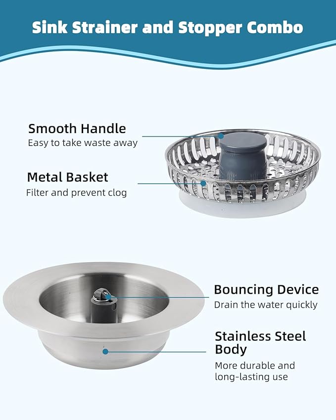 Hygie Rinse All Metal Sink Drain Strainer for Kitchen Sink Pop Up 3-in-1 Sink Stopper Drainer, 304 Stainless Steel Basket with Handle Rod for US Standard 3-1/2 inch Drain Filter, Anti-clog