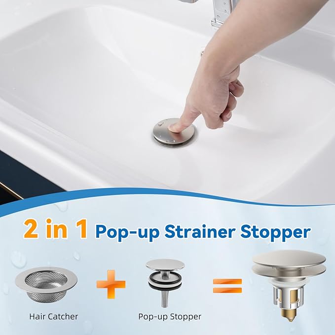 Universal Bathroom Sink Stopper, Metal Pop Up Sink Drain Strainer with Hair Catcher Basket, Fit 1.1"-2.36" US Basin, Wash Basin Drain Plug, Big/Small Cover Cap, Brass Bounce Core, Brushed Nickel