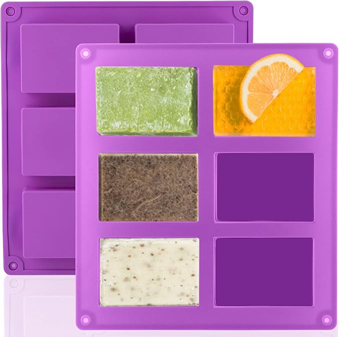 2 Pack Silicone Soap Molds, 6 Cavities Rectangle Silicone Soap Molds, Great for Homemade Craft Soap Mold, Chocolate Mold, Cake Mold ＆ Ice Cube Tray - Just Pop Out（Purple