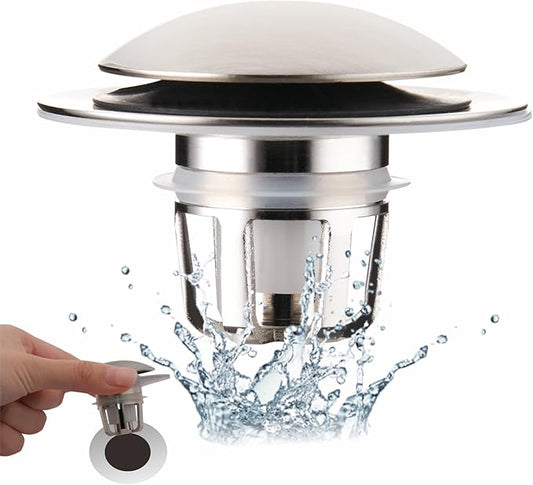 Brushed Nickel Bathroom Sink Stopper Replacement, Wellup Universal 2-in-1 Bathroom Sink Drain Stopper for 1 1/8"-1 1/2" Sink Drain Hole, Pop Up Sink Stopper Strainer with Hair Catcher
