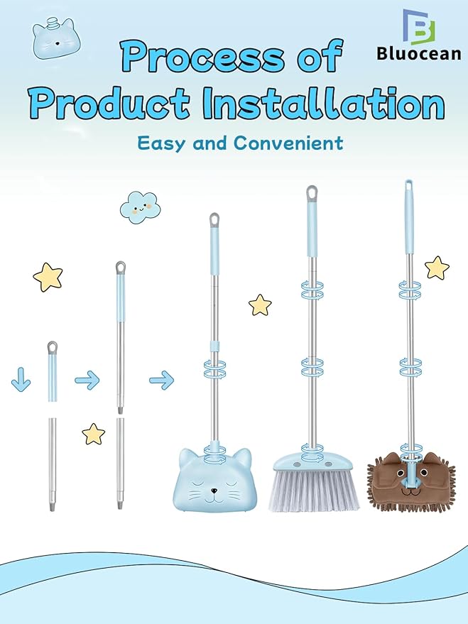 28'' Kids Mini Broom with Dustpan & Mop Set - Toddler Cleaning Toy, Toddler Household Helper, Parent-Child Interactive Play Cleaning Tool, Cute Cartoon Design, Small Safe Corner Broom (Blue Bubble)
