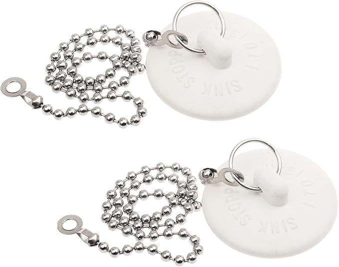 2 Packs Tub Stopper, Rubber Bathtub Stoppers Drain Plug with 15" Stainless Steel Beaded Chain, Premium Bathroom Plug Fit for 1" to 1-3/8" Kitchen Sink, Bathroom Bath tub, Drain Stopper, White