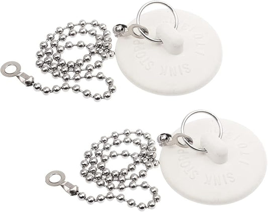 2 Packs Tub Stopper, Rubber Bathtub Stoppers Drain Plug with 15" Stainless Steel Beaded Chain, Premium Bathroom Plug Fit for 1" to 1-3/8" Kitchen Sink, Bathroom Bath tub, Drain Stopper, White