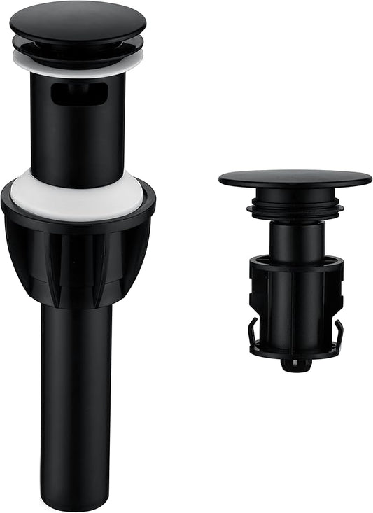 Bathroom Vessel Sink Drain with Overflow - 1 3/4 Inch Bathroom Sink Stopper, Push and Seal Pop up Sink Drains, Bathroom Sink Vanity Assembly with Strainer, Anti Clogging, Black