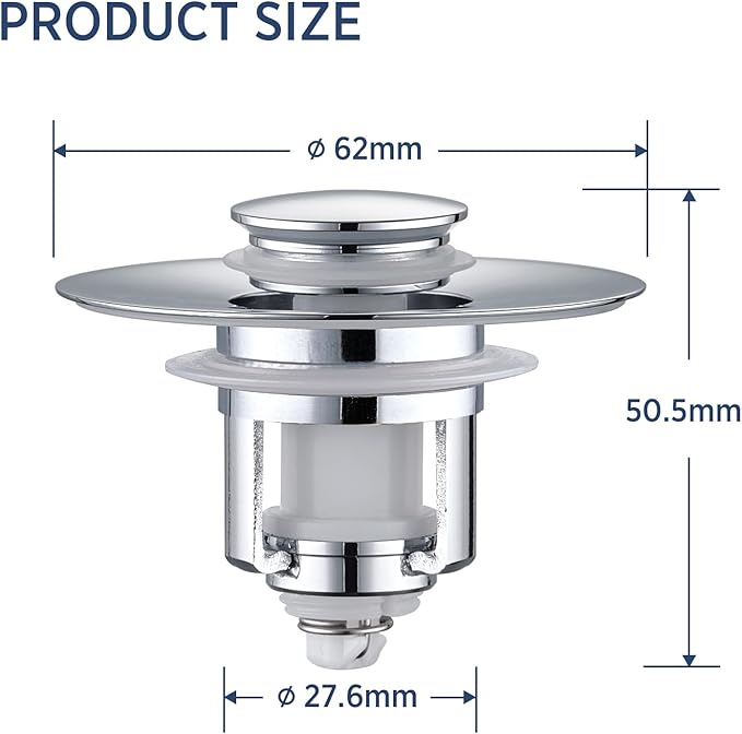 Universal 2 in 1Bathroom Sink Stopper, 1 Pack Pop Up Bathroom Sink Drain Strainer for 1.06"-1.65" Basin Drain Holes, Anti Clogging Drain Filter(Chrome Silver)