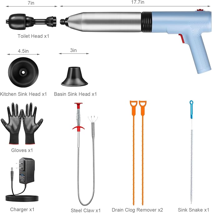 Electric Toilet Plunger - Fast Unclogging Power with High Pressure Air Technology for Clogged Toilets, Sinks, Showers, Bathtubs and Pipes, Heavy Duty Home Drain Unclogger Kit