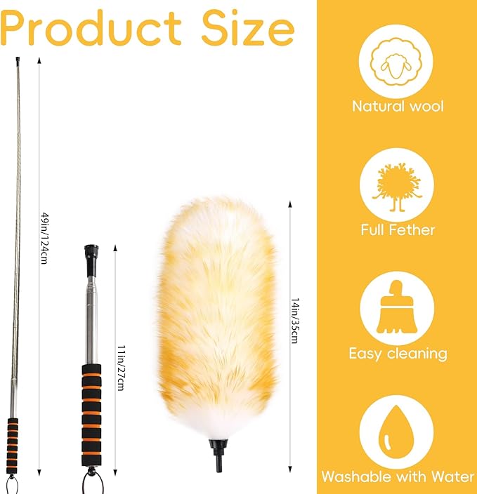 Lambswool Extendable Removable Duster 25-64 Inch Stainless Steel Extension Pole Wool Dusters for Cleaning Ceiling Fans Window Blinds Car Interiors Furniture Dusting,Feather Duster