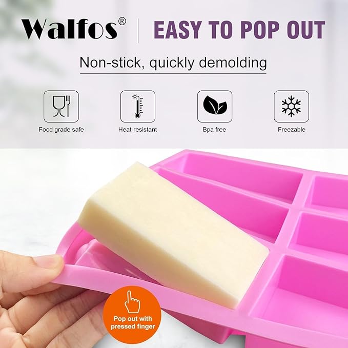 Walfos Silicone Soap Molds, 4 Pieces Rectangle Soap Molds 6 Cavities for Homemade Craft Soap, Cake, Rice Crispy, Chocolate ＆ Ice Cube Tray（Purple ＆ Pink）