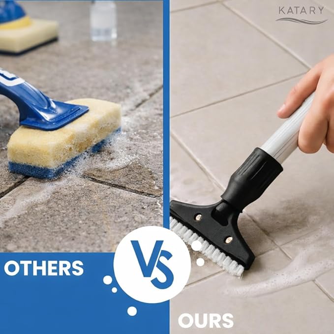 KATARY Long Handle Floor Scraper and Wall Tile Scraper Tool with Razor Blade with Tool Bag and 3-Piece Cleaning Brush Set - Grout, Concrete and Glue Remover Kit
