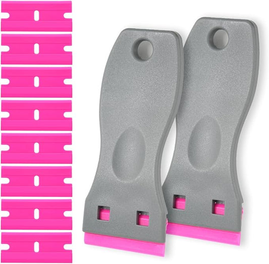 2 Pack Non-Scratch Plastic Scrapers, 8 Red Replacement Razor Blades, House & Car Cleaning Tool for Glass, Cooktop, Oven, Stove, Remove Stain, Paint, Glue (grey pink)