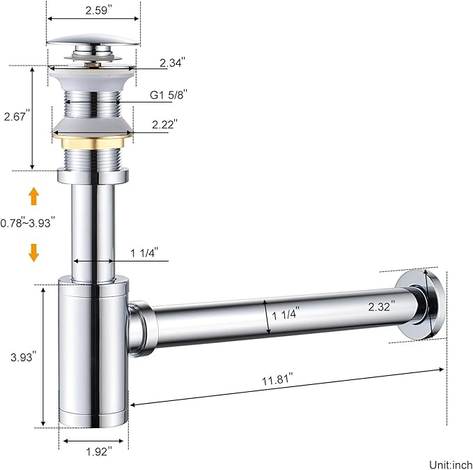 Bathroom Basin Sink Waste P-Trap Drain Kit, Adjustable Bottle Trap with Pop Up Drain Stopper Without Overflow, Chrome