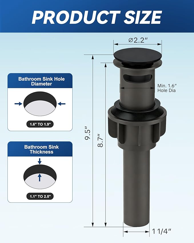 ARCORA Bathroom Sink Drain Matte Black Pop Up Drain with Overflow Vanity Vessel Sink Clicker Drain Stopper