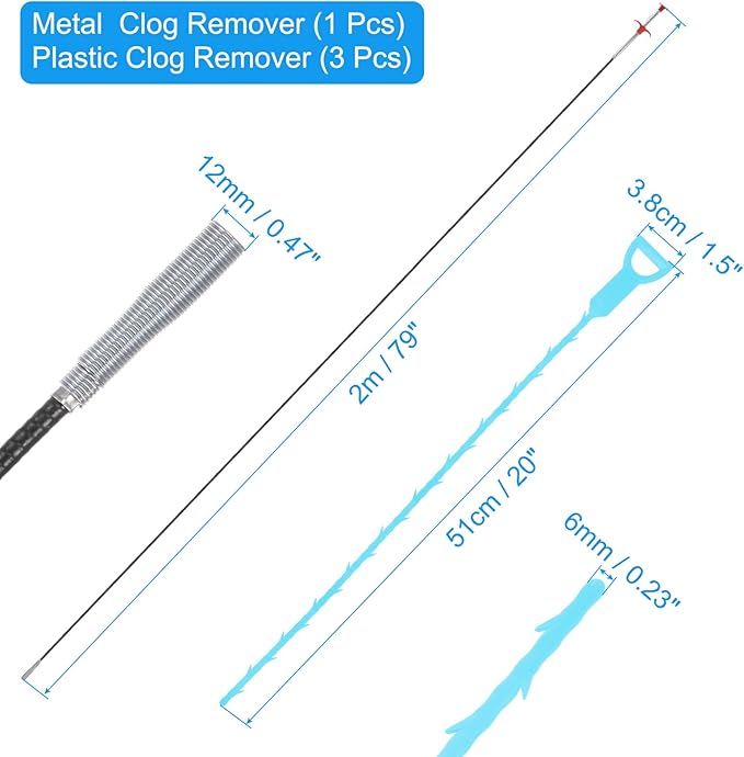 uxcell 3pcs 20 Inch Drain Hair Clog Remover Tool PP & 80 Inch Drain Cleaner Tool Sticks Stainless Steel Sewer Cleaning Hook Unclog Sink Unclogger for Toilet Bathtub Sewer, Blue