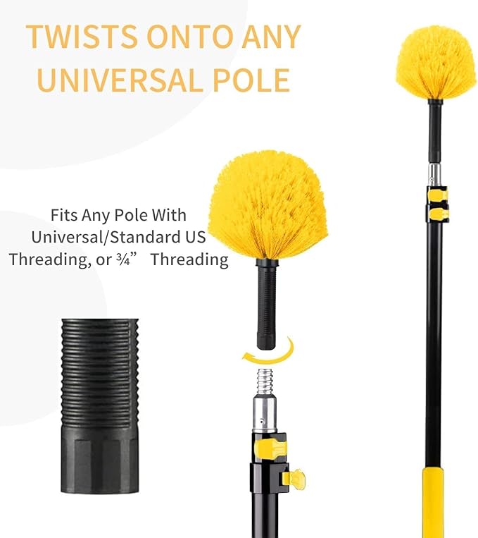 Cobweb Duster Brush Head, Spider Web Cleaning Tool, Indoor & Outdoor Use, Fits 3/4 Inch Acme Threaded Poles (Yellow)