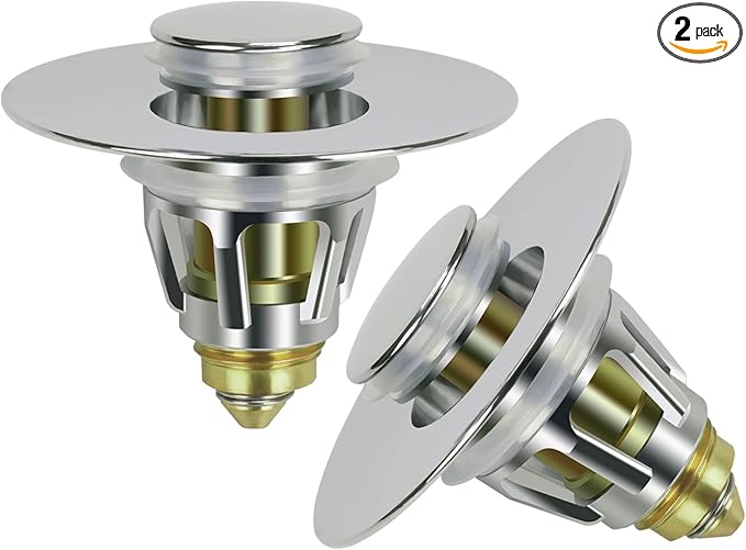 2PACK Universal Bathroom Sink Stopper,1.1-1.5 Inch Bullet Core Push Type Basin Pop-up Drain Filter,Bathtub Converter Sink Drain Strainer Plug No Overflow with Basket Hair Catcher