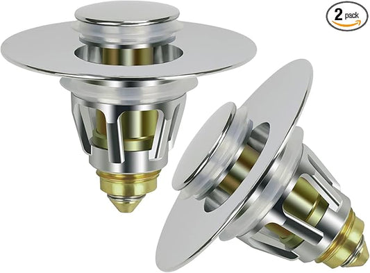 2PACK Universal Bathroom Sink Stopper,1.1-1.5 Inch Bullet Core Push Type Basin Pop-up Drain Filter,Bathtub Converter Sink Drain Strainer Plug No Overflow with Basket Hair Catcher