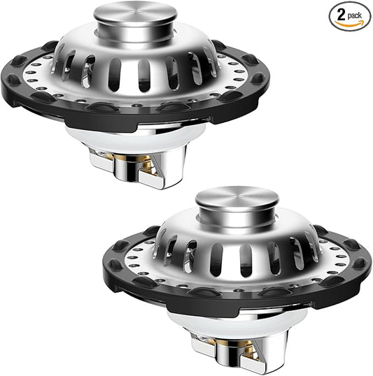 2PACK Universal Bathtub Drain Stopper Shower Hair Catcher Bathroom Sink Strainer, Tub Stopper with Visible Top Strainer, Brass Metal 3 in 1 Pop-up Stopper for Standard 1.1''~2.36'' Hole, Chrome