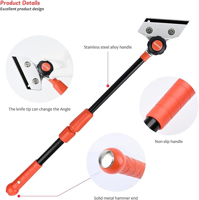 EHDIS Retractable Razor Blade Scraper Long Handle Heavy Duty Floor Scraper with Rotatable Head and 10pcs Replace Blades for Cleaning Glass, Tile, Floor, Wall,Door