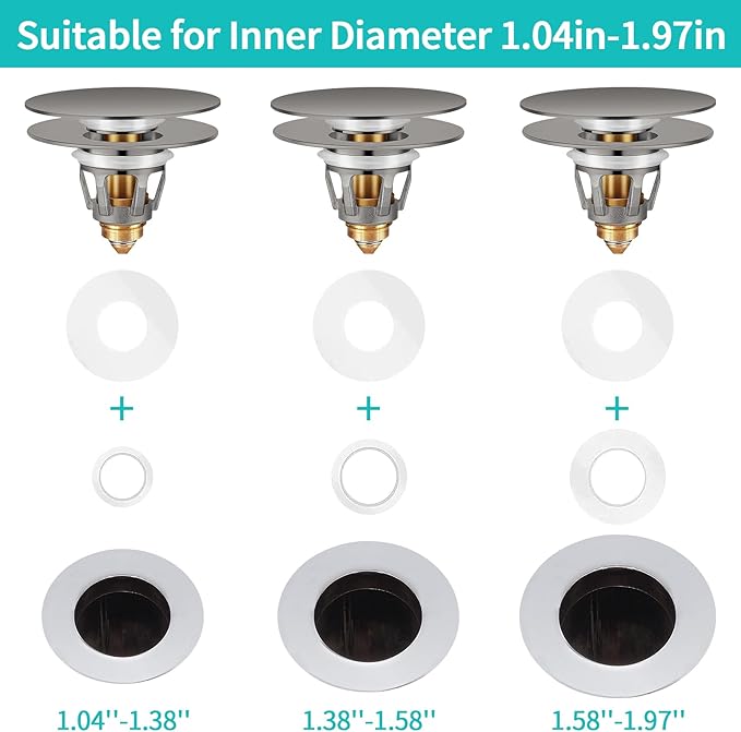 Universal Bathroom Sink Stopper with Hair Catcher, for 1.04-1.97 Inch Drain Hole, Spring Core Bathtub Drain Cover, Pop Up Sink Plug Basin Drain Strainer, Large Lid Gray