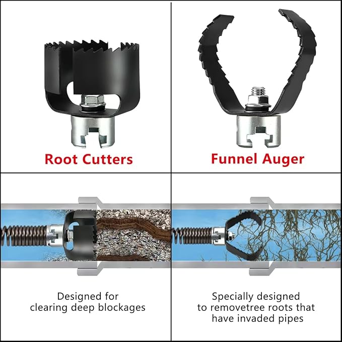 Drain Auger Attachment Set for 4"-8"Pipe Cleaning 1-3/16"(30MM) 3-Pack Spiral Cutter,Grease Cutter and Pin Key Compatible Drain cleaning Machine 1-1/4”,6/5” and 1-1/2”Cable