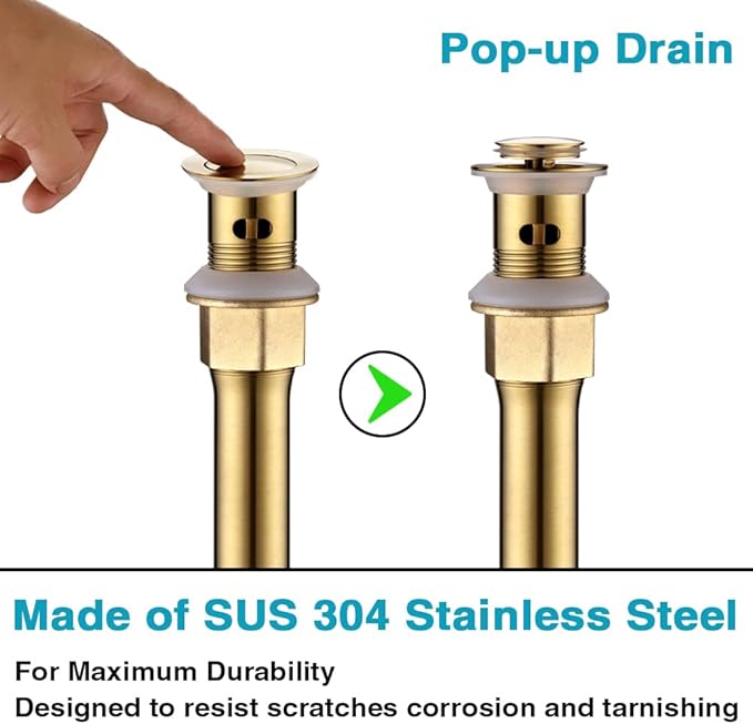 Bathroom Sink Drain with Overflow, Brushed Gold Sink Drain for Bathroom Sink, Universal Stainless Steel Gold Sink Drain, Pop Up Drain Stopper with Detachable Basket