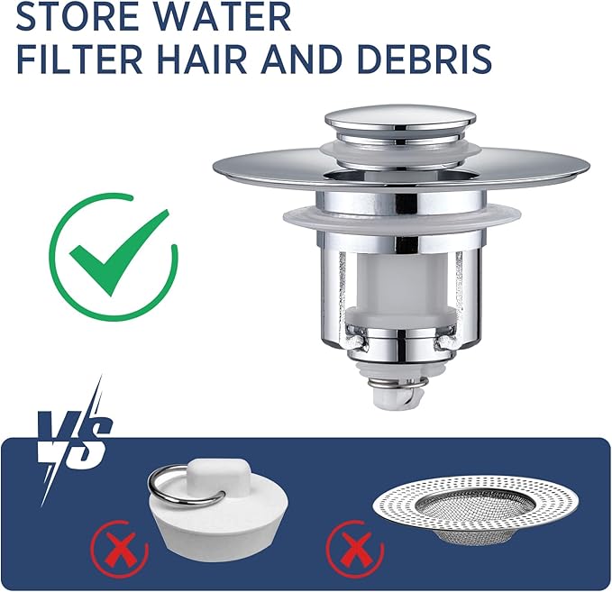 Universal 2 in 1Bathroom Sink Stopper, 2 Pack Pop Up Bathroom Sink Drain Strainer for 1.06"-1.65" Basin Drain Holes, Anti Clogging Drain Filter(Chrome Silver)